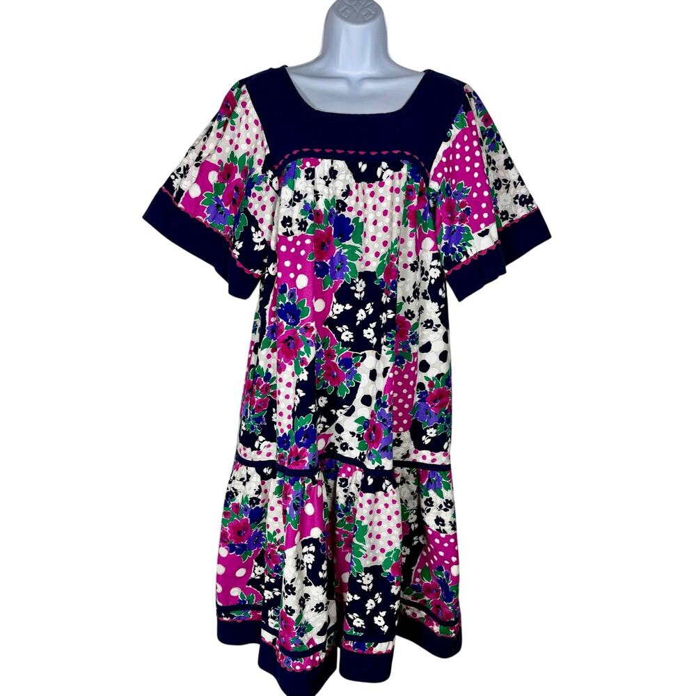 Vintage Appel midi MuuMuu house Dress Floral Colorblock cottagecore Pockets L-xl